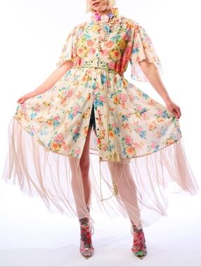 Aratta Floral Sheer High-Low Dress Coat in Pastel Peach